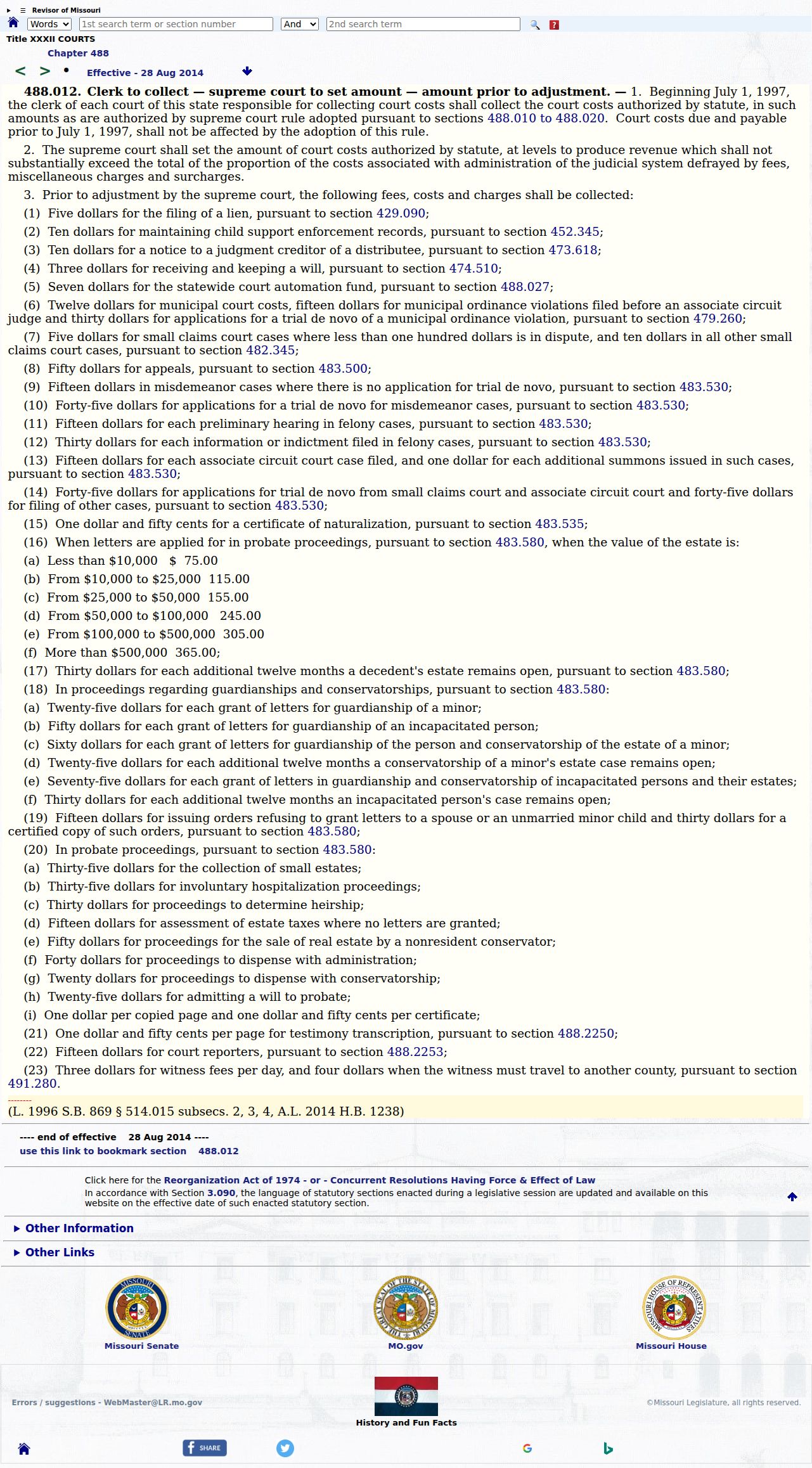 Wayne County civil docket source image for Missouri court copy and certificate costs