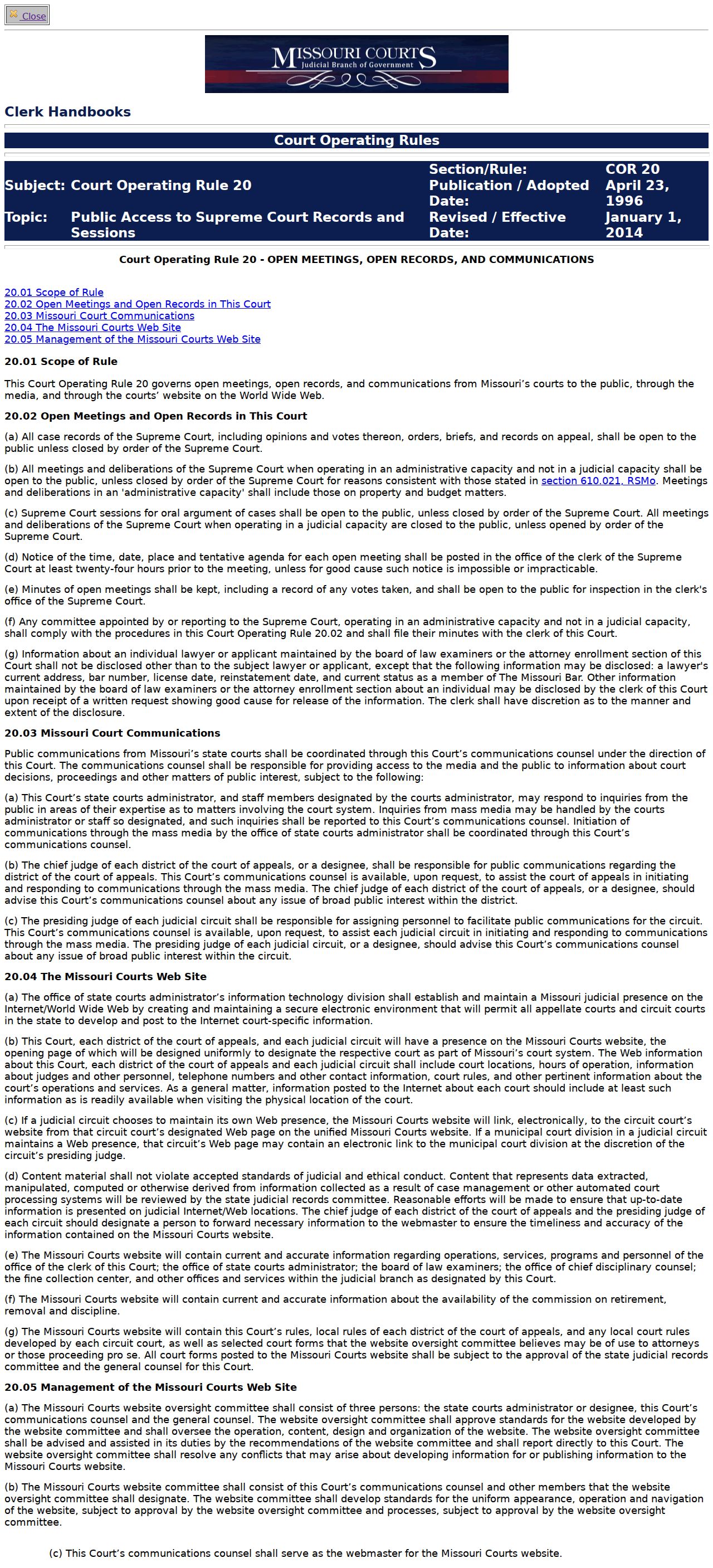 Wayne County court schedule reference to Missouri Court Operating Rule 20