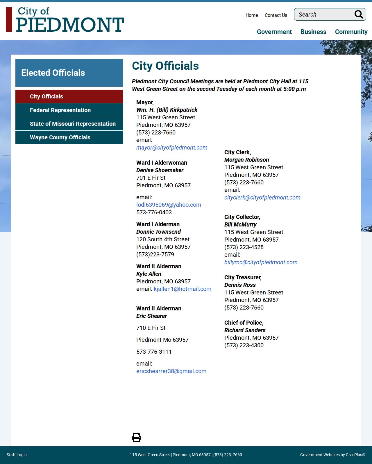 Piedmont court records source showing Piedmont elected officials page