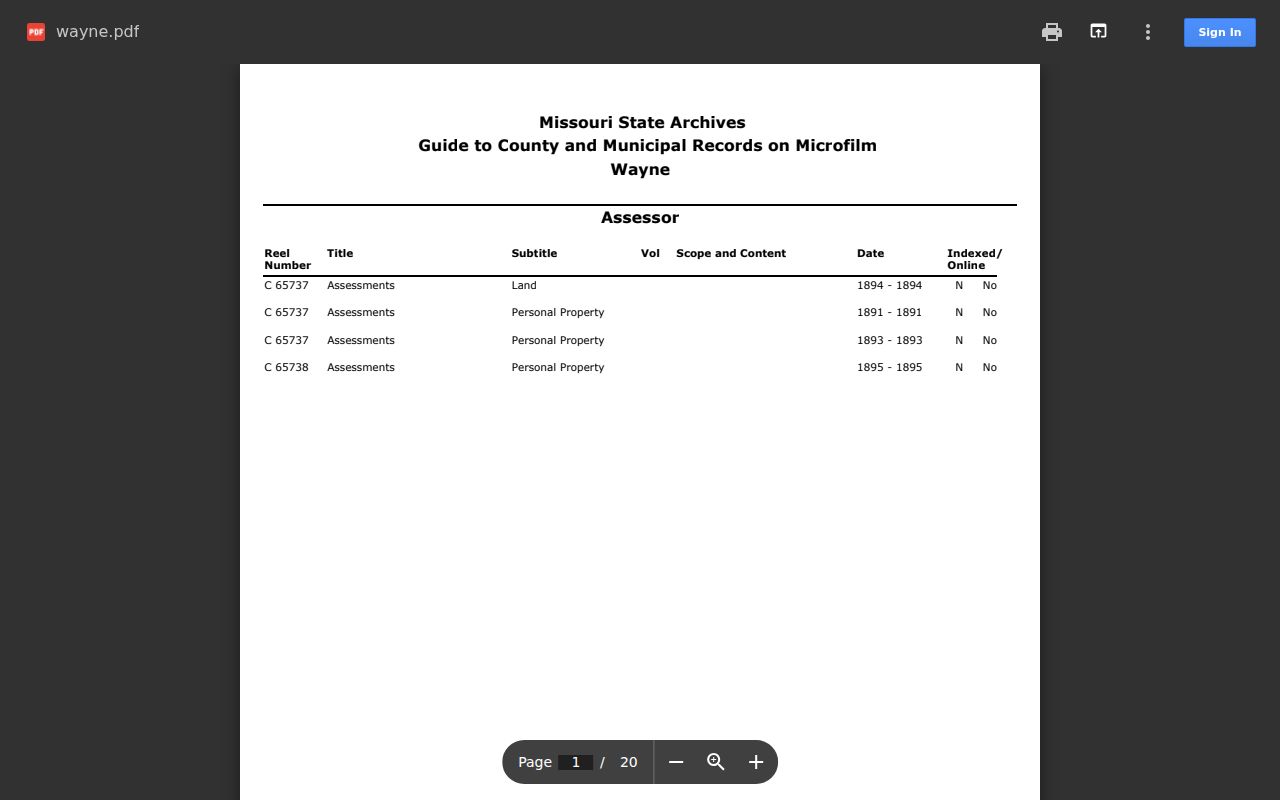 Williamsville court records source from Missouri State Archives Wayne County guide